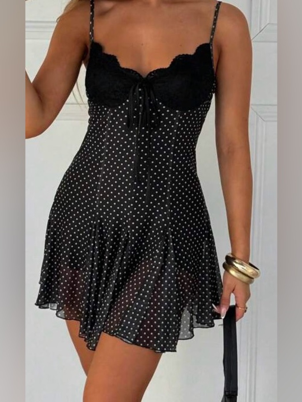 Black Polka Dot Slip Dress with Lace Bust